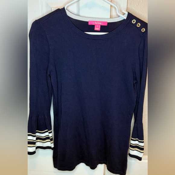 Lillly Pulitzer Women's Navy Blue 3/4 Bell Sleeve with Stripe Cuffed Sweater S - Picture 1 of 8